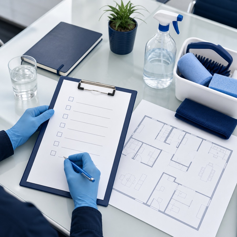 Cleaning tools arranged beside a custom planning clipboard