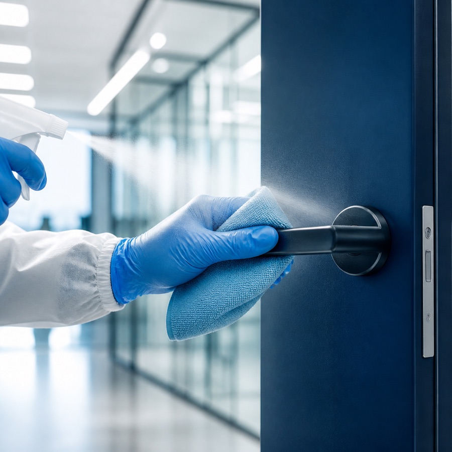 Blue-gloved hand disinfecting an office door handle