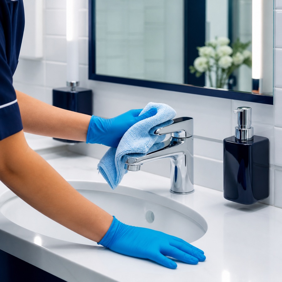 Blue-gloved hands polishing a modern commercial restroom sink