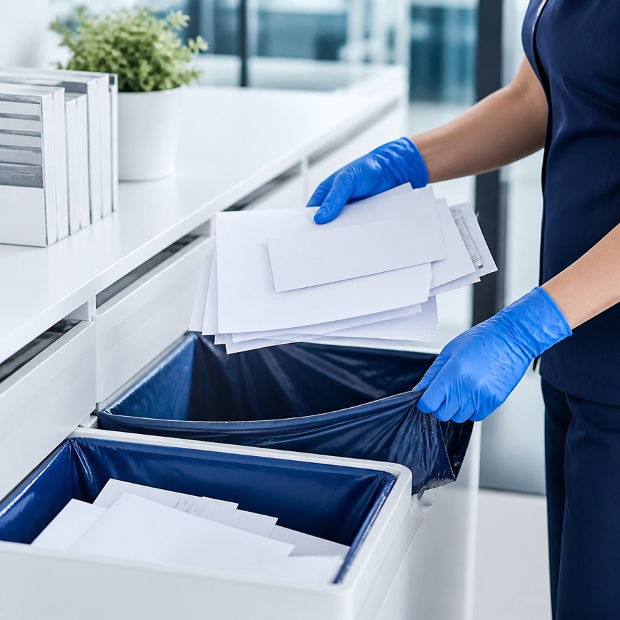 Clean office recycling being sorted into organized bins