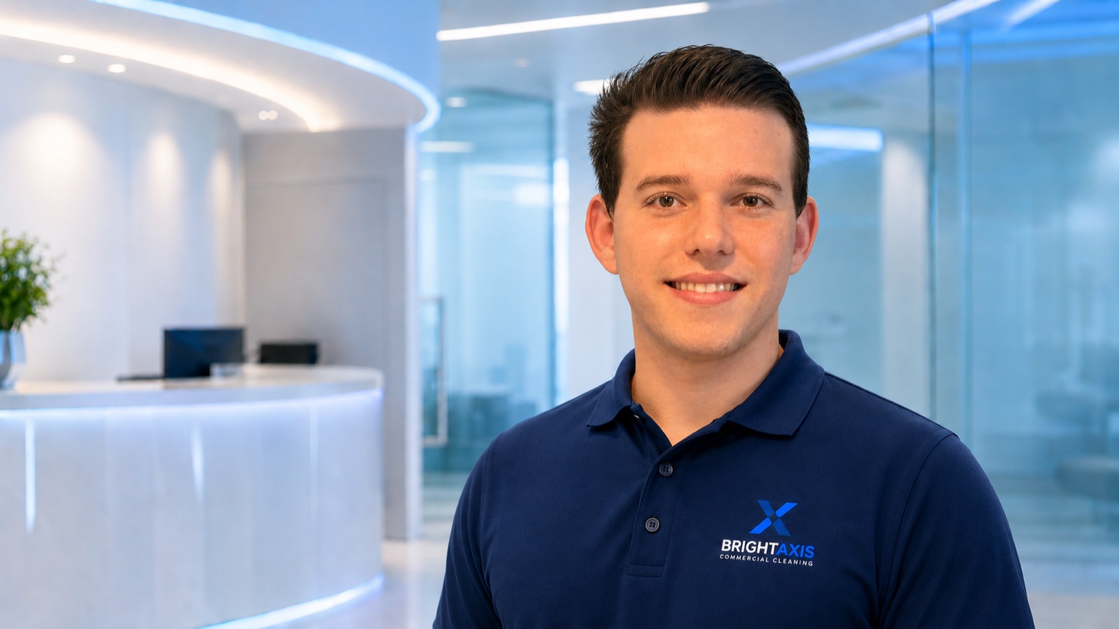 Victor from BrightAxis Cleaning in a navy uniform inside a modern office