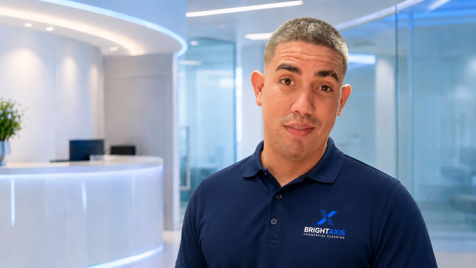 Carlos from BrightAxis Cleaning ready to care for a commercial workplace